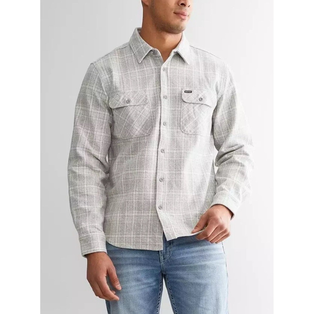Brixton Men's Bowery Heavyweight Flannel- Heather Grey/Off White Size XL
